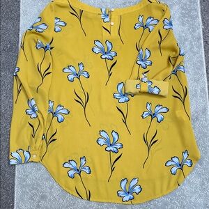 LOFT Yellow Long Sleeve Blouse Blue Floral print w/ roll tabs. Size SP - PTP 20”